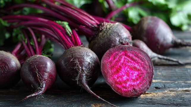 Freshly harvested deep red root vegetables rest on a dark rustic wooden surface