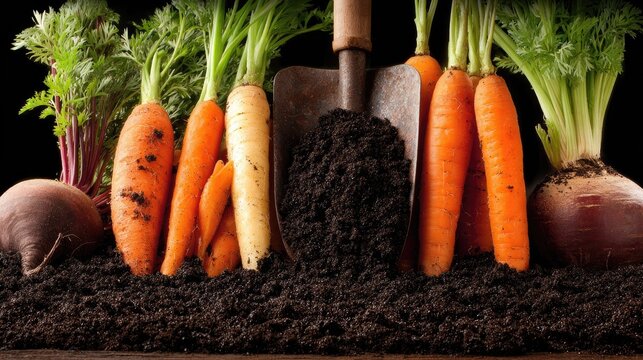 Freshly harvested root vegetables are displayed upright in dark, rich soil alongside a small digging implement.