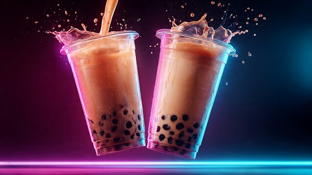 Neon Bubble Tea Cups with Splashing Liquid.
