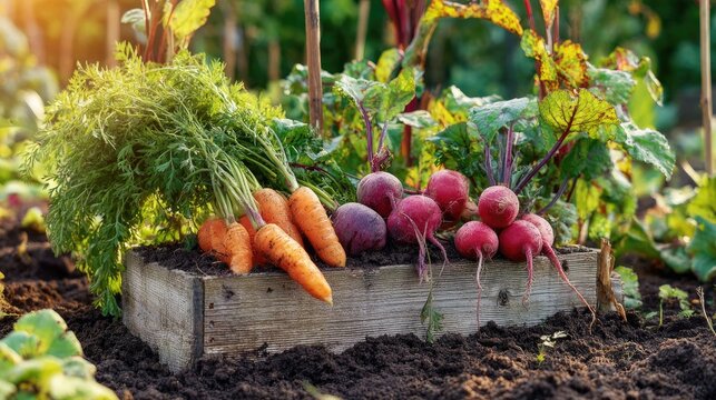 Freshly harvested root vegetables rest upon the edge of a wooden garden planter box at sunset