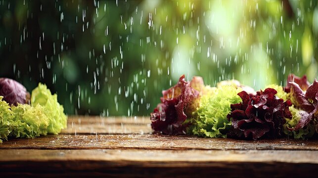 Freshly washed colorful lettuce varieties rest upon wooden planks under falling water drops outdoors.