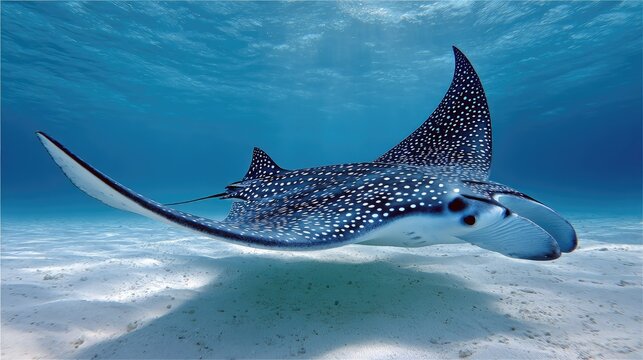 Graceful spotted eagle ray swimming underwater in clear blue ocean