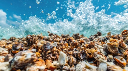 Obraz premium Close up of seashells on the beach with ocean wave in the background