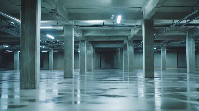 Underground parking garage with rows of concrete pillars and a wet, reflective floor, creating a sense of emptiness, gloom, and industrial confinement