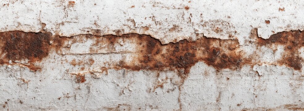 Decaying, rusted surface shows layers of peeling white paint and exposed rusty metal