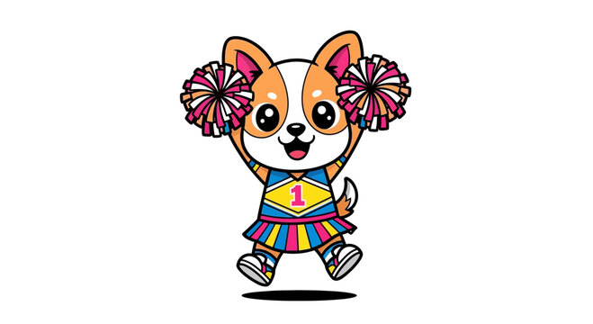 Adorable cartoon dog cheerleader with pom poms in a vibrant uniform.