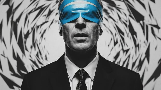 A man in a sharp suit with blue tape over his eyes and hands poses against an abstract background to represent concepts of censorship, corporate control, and suppressed communication.