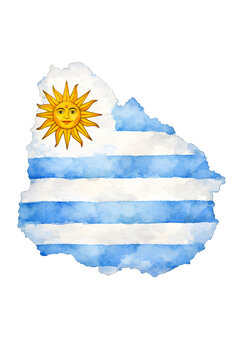 Watercolor map of Uruguay filled with flag colors, light blue and white stripes with sun, soft texture, artistic ink wash style, isolated on white background, high quality travel design.
