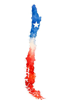 Watercolor ink illustration of Chile map in national flag colors red, white and blue with star, soft texture, artistic style, isolated on white background.
