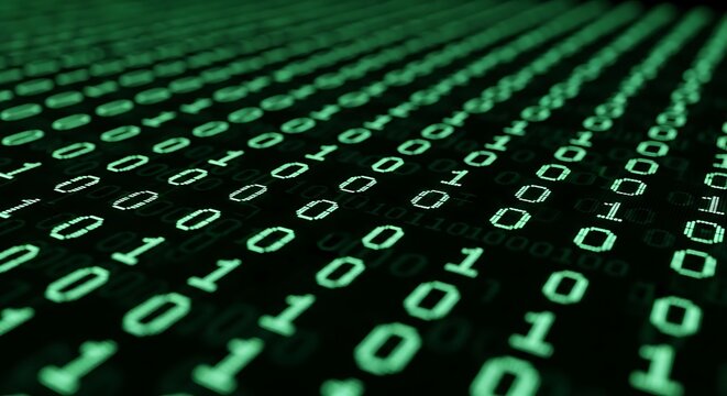 Complex binary code displayed on a digital screen with green color