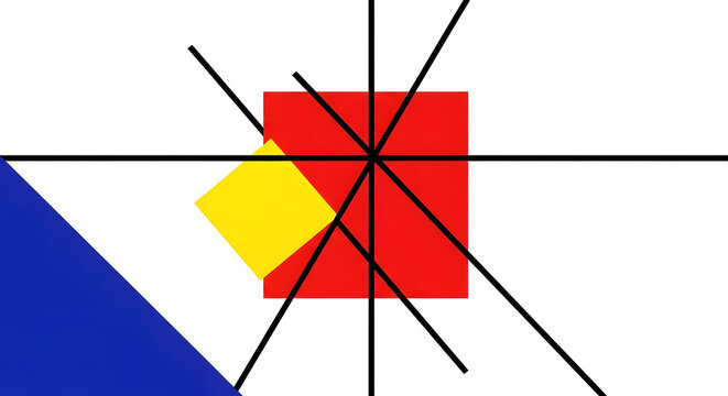 Abstract geometric composition with intersecting lines, a red square, yellow diamond, and blue triangle on a white background.