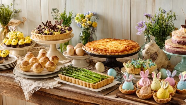 Elegant Easter Brunch Buffet with Tarts and Floral Decor.