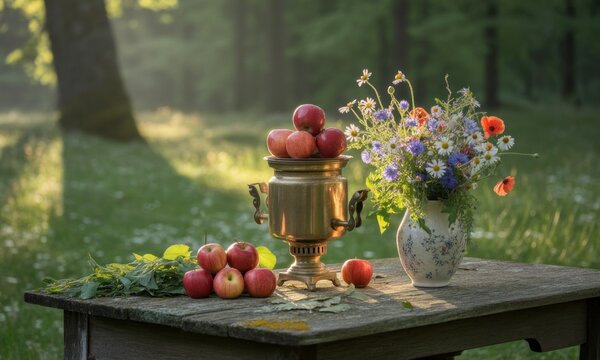 Still life of apples on a samovar and flowers in a vase on a weathered wooden table in a forest