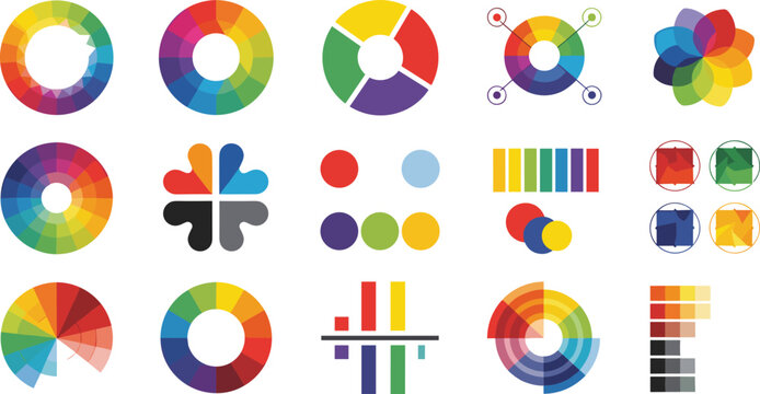 Large collection of colorful color wheel icons and palette scheme charts isolated on white background for graphic design theory and web development projects