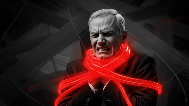 A businessman in a suit looks up in shock as glowing red neon wires tighten around his neck, symbolizing corporate stress and suffocating work pressure in a surreal monochrome world.