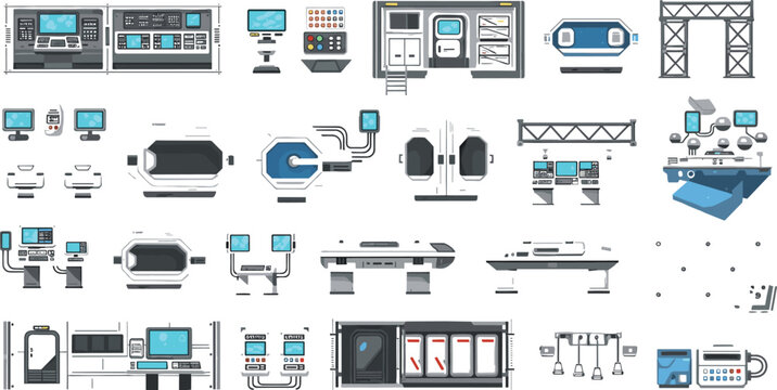 Large collection of futuristic spaceship interior vector elements including control panels monitors laboratory equipment and scientific workstation consoles for sci-fi environment game UI design.