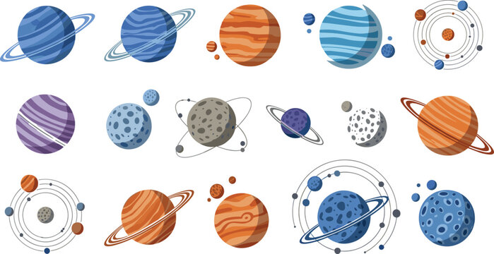 Large set of flat vector planet icons including gas giants with rings rocky moons and solar system orbits isolated on white background for astronomy projects