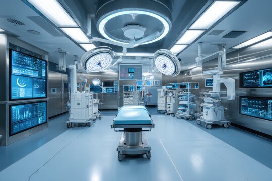 Modern operating room with advanced medical equipment and technology.
