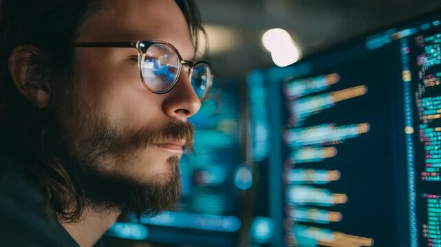 Concentrated IT specialist with beard, glasses intently reviewing colorful programming code on dual screens in dimly lit workspace. Nighttime coding session highlights dedication, advanced technology