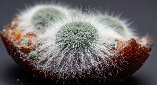 Extreme close-up of fuzzy white and gray mold growing rapidly on an aged, forgotten piece of decaying organic matter, suggesting poor hygiene, sickness, hygiene, growth