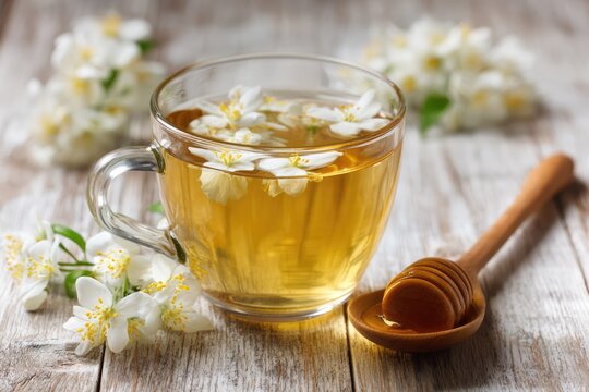 Jasmine tea in a glass cup with honey and flowers.