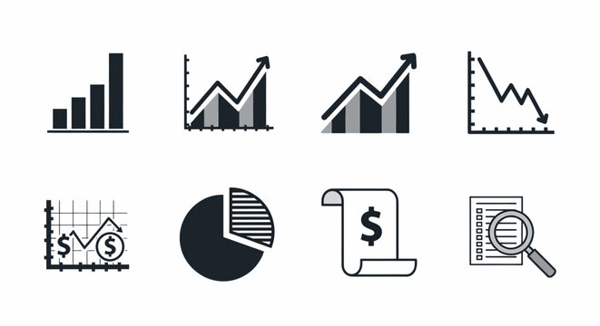 Business Finance Data Analysis Graphs and Charts for Economic Market Growth and Decline Vector Icons