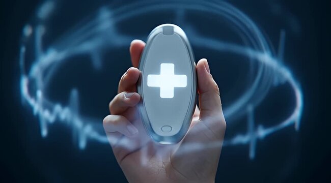 A hand holding a medical cross symbol in a dark blue video