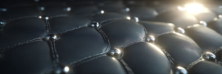 Fototapeta premium Luxurious Black Quilted Leather Texture with Metallic Studs and Soft Cinematic Lighting for Premium Automotive Interior or Elegant Furniture Design Background