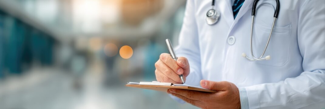 Doctor taking notes on clipboard in hospital hallway.