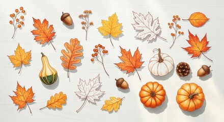 Obraz premium Autumn Leaves Pumpkins Acorns Berries Flat Lay