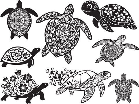 Decorative Floral Turtle Pattern Silhouette Design