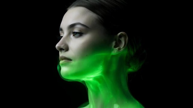 Glowing green light flowing around a woman's neck