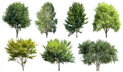 Fototapeta premium Diverse Collection of Trees with Lush Green Foliage on White Background.