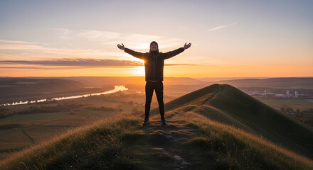 Fototapeta premium Man Standing on Mountain Peak with Arms Raised at Sunrise