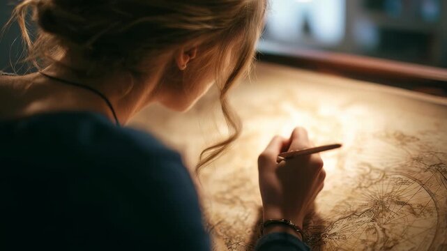 A talented female illustrator works on a detailed antique map, capturing historical and artistic elements. The warm lighting and creative atmosphere highlight her passion for cartography and design