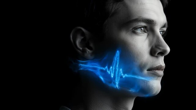 Profile of a man with a glowing blue digital pulse wave on his jaw, symbolizing voice recognition, medical diagnostics, biometric data, and high-tech auditory sensory perception.