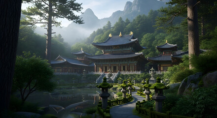 Obraz premium Misty Traditional Asian Temple in Serene Mountain Forest at Dawn