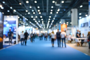 Obraz premium Blurred trade show floor with people and booths.