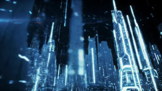 A cinematic low-angle tracking video, dolly-zooming through a digital void as high-tech skyscrapers materialize with vibrant neon glows and light trails. Futuristic city concept