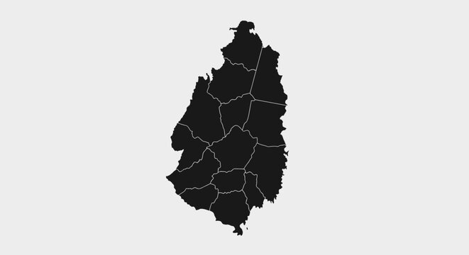 Map of Saint Lucia, Caribbean Island, Silhouette with Internal Divisions