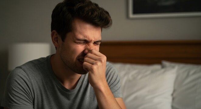 Man sits on a bed, eyes squeezed shut as he pinches his nose in disgust