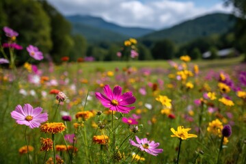 Obraz premium Vibrant wildflower meadow with mountains in the background under cloudy sky.