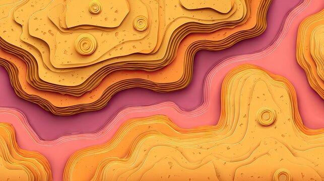 Layered topographical forms display warm yellow and pink undulating contours