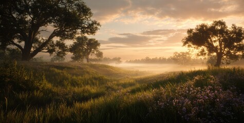 Fototapeta premium Golden Sunrise Illuminates a Misty Meadow Landscape with Trees.