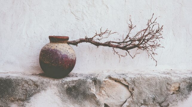 Rustic ceramic container holding a dry, spindly branch rests upon a weathered stone ledge against a textured white wall.