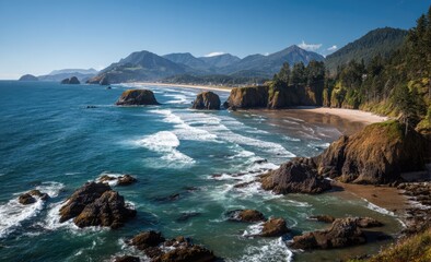 Fototapeta premium Dramatic Oregon Coastline - Waves Crashing on Rocks and Sandy Beach.