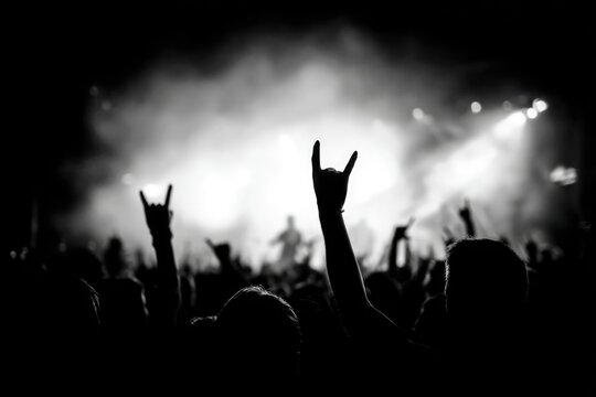 Energetic crowd at a rock concert with devil horn hand gestures.