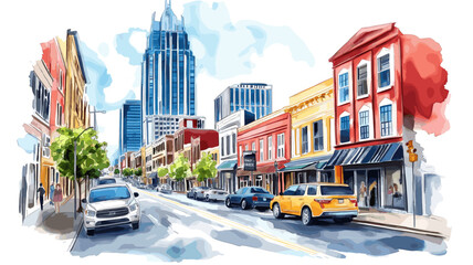 Obraz premium Nashville's Broadway and Music Row. Nashville's Broadway and Music Row hand drawn watercolor illustration