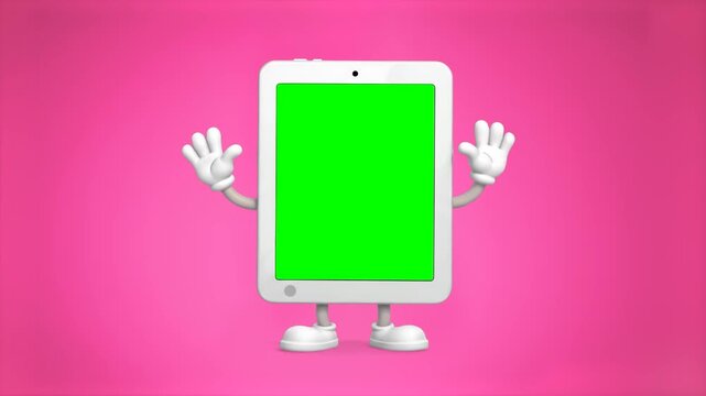 A 2D tablet mascot stands against a bright pink background, drawing attention by waving its hands. This animation features a green screen on the device, making it a versatile asset for customizable di