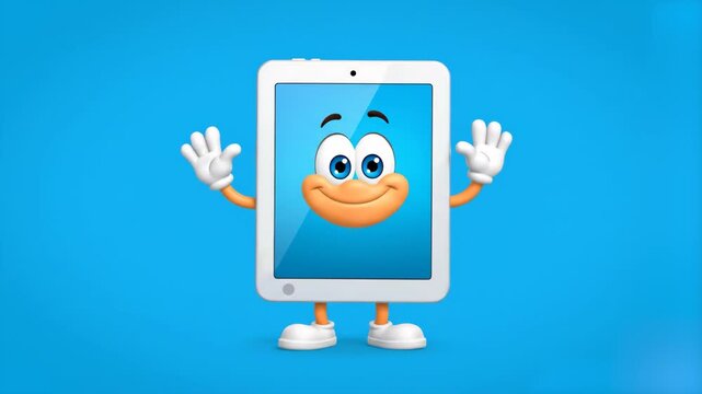 A cheerful 2D tablet character with a large screen face and hands waves happily against a bright blue backdrop. This high-tech mascot animation illustrates digital learning, mobile apps, and modern ed